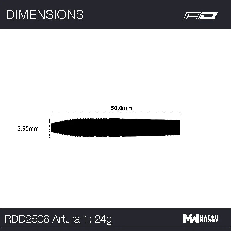 Side profile of Artura Shocking Pink 90% tungsten dart barrel with dimensions 50.8mm length and 6.95mm diameter, scale reference