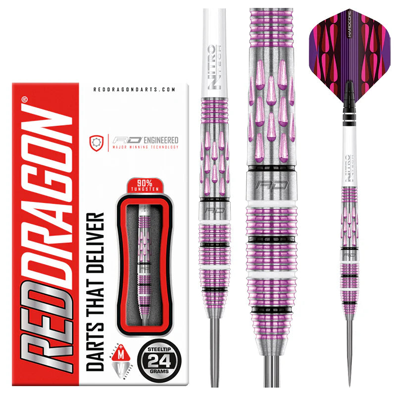 Shocking pink 90 tungsten steel tip darts with dual milled teardrop barrels, nitro stems, flights, and retail box packaging
