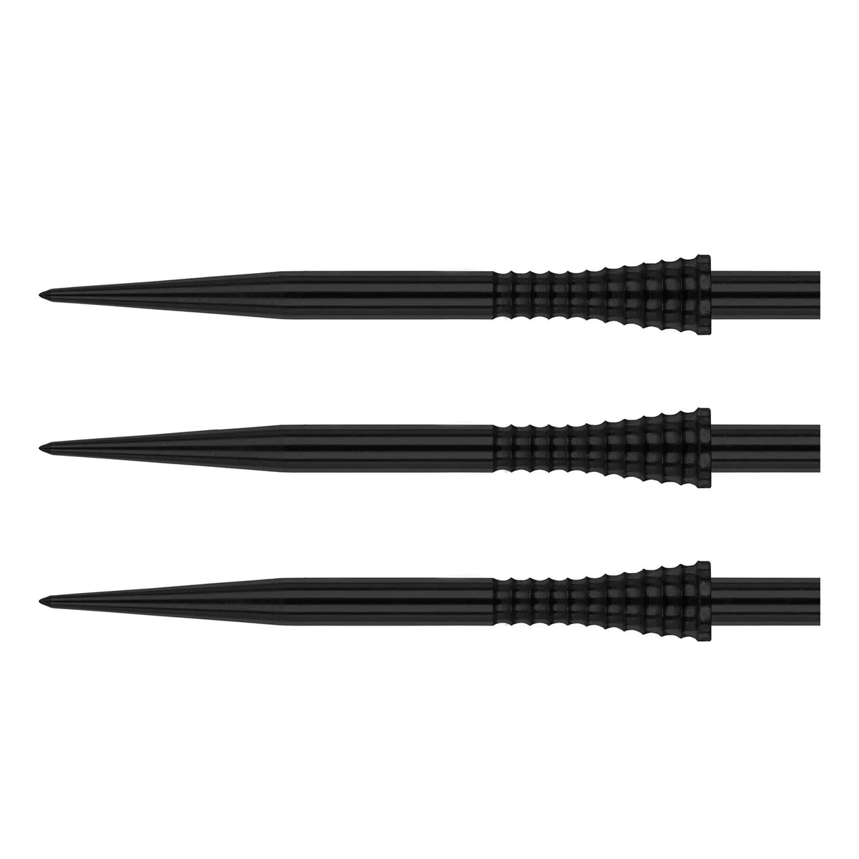 Three black Raptor GT gripped dart points side by side, full view on white background, showing precision grip rings and spearhead tip