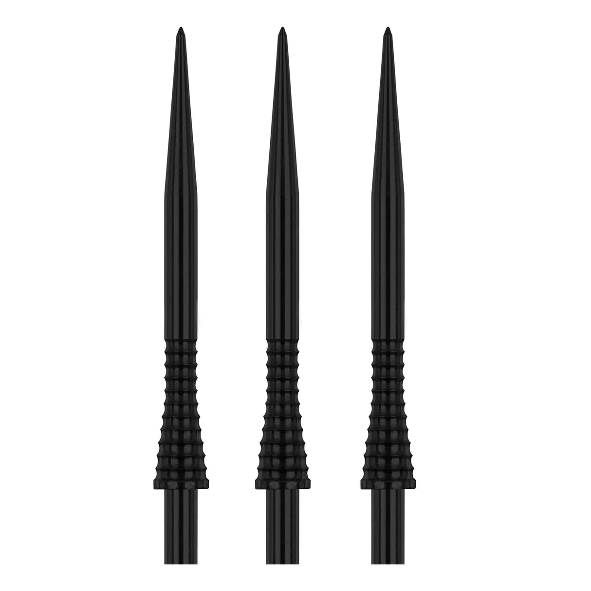 Three black raptor GT gripped dart points full view, ribbed grip texture, isolated on white background