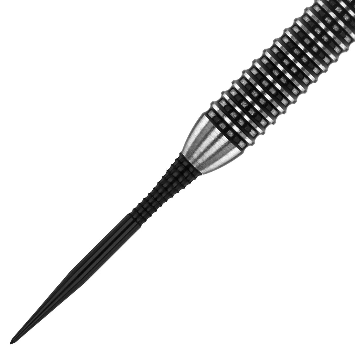 Close-up angled view of black raptor dart point with detailed grip texture and spearhead tip, isolated on white