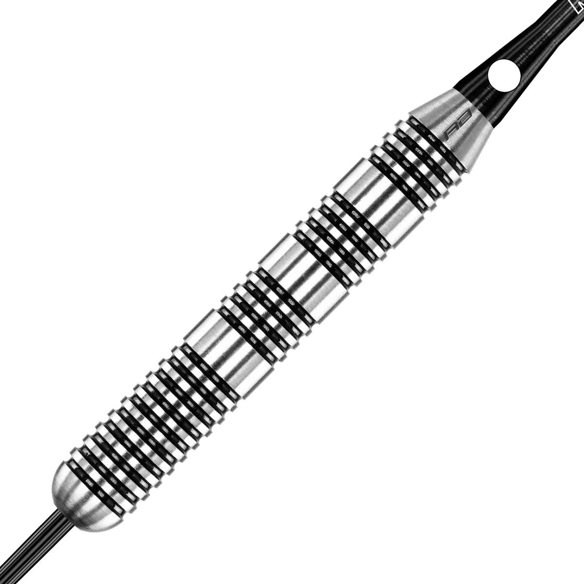 Close-up of 80% tungsten dart barrel with heavy ringed grip texture, isolated on white for precision details.