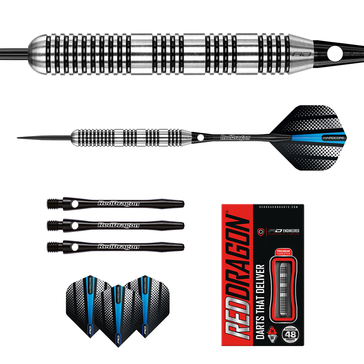 Steel-tip tungsten darts kit flat lay with grooved barrels, black blue flights, spare shafts, and retail box on white background