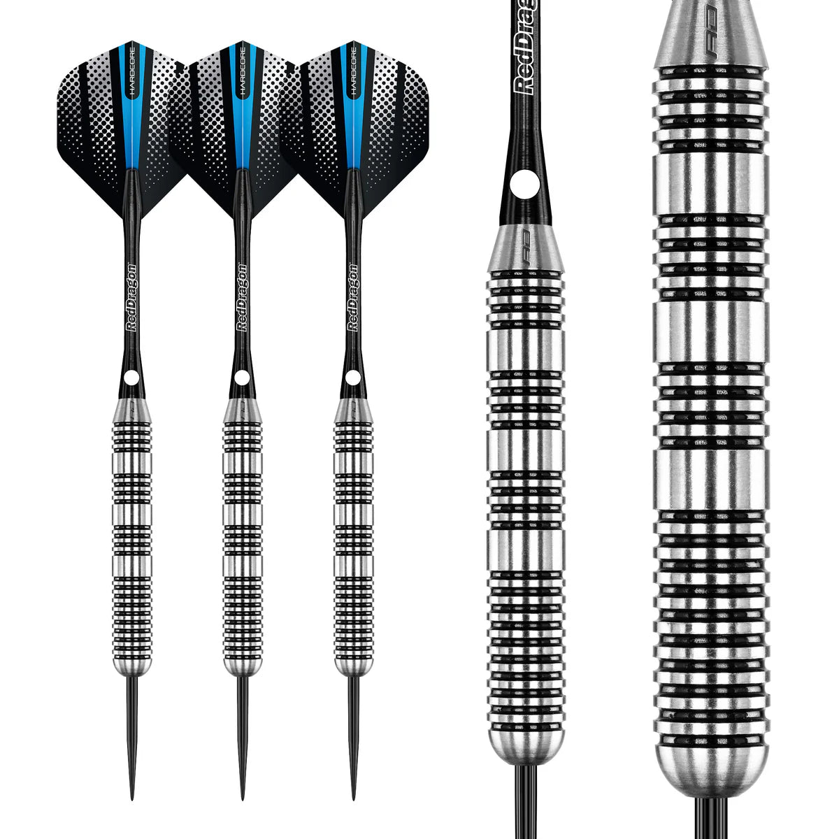 Three tungsten darts with blue and black flights side by side, macro close-up of heavy 48g barrel grip texture on white background