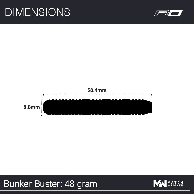 Dart barrel dimensions diagram, side profile showing 58.4mm length and 8.8mm diameter, ideal for tungsten darts buyers