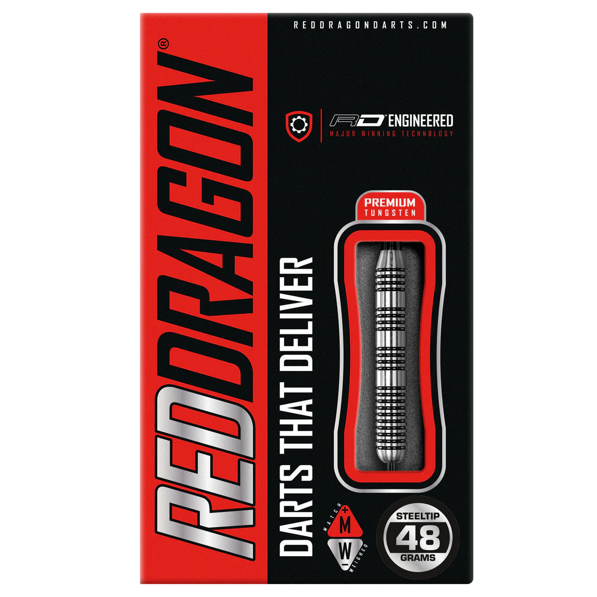 48g tungsten steel tip dart displayed in retail packaging with visible barrel grip and weight marking