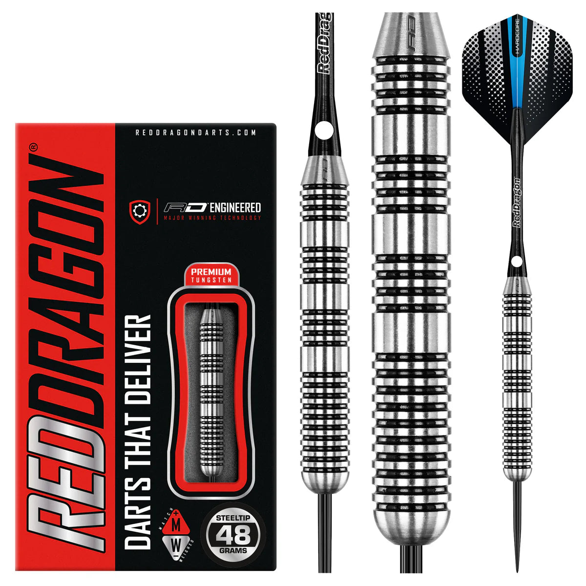 Heavy 48g steel tip tungsten darts with knurled barrel, full dart view, close-up grip detail, and product packaging on white background