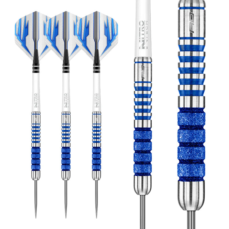 Three 90% tungsten darts with blue knurled grip and close-up barrel detail, isolated on white background