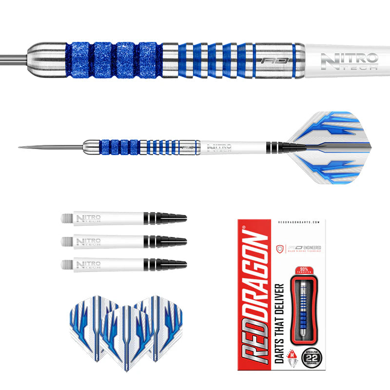 90 percent tungsten darts set with blue knurled barrel close-up, full dart with flights, spare shafts, flights, and retail packaging displayed on white