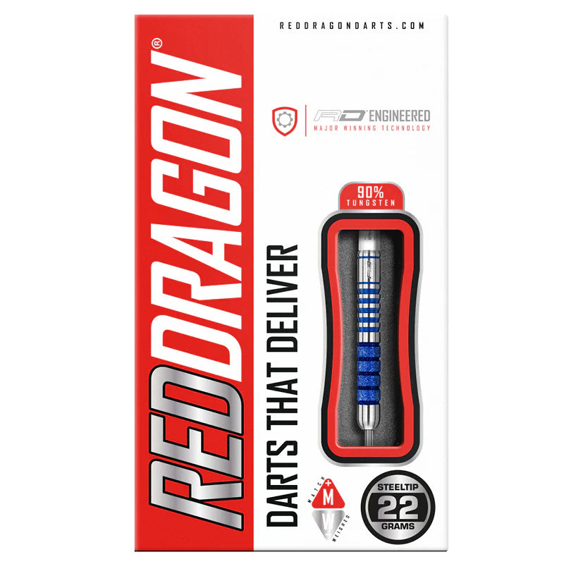 22g 90% tungsten steel tip dart in retail packaging, textured blue and silver barrel, display cutout shows grip and weight