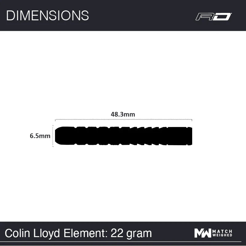 Side profile of Colin Lloyd Element 90% tungsten dart barrel with dimensions 48.3mm length and 6.5mm diameter on white background