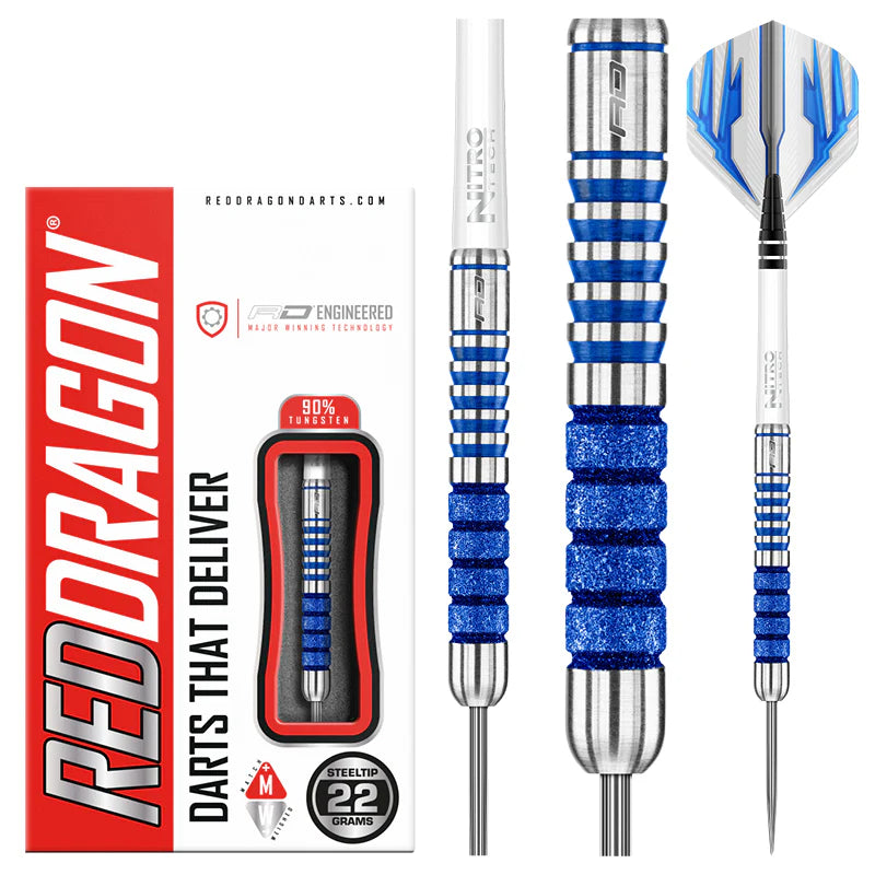 Steel tip tungsten darts with blue grooved barrel, close-up grip texture, packaging and assembled dart with flights on white background