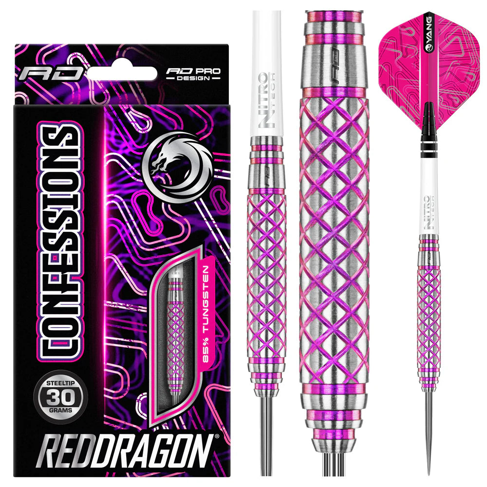 85% tungsten darts full view with packaging, pink crosshatch grip texture, steel tips, vibrant flights, white stems