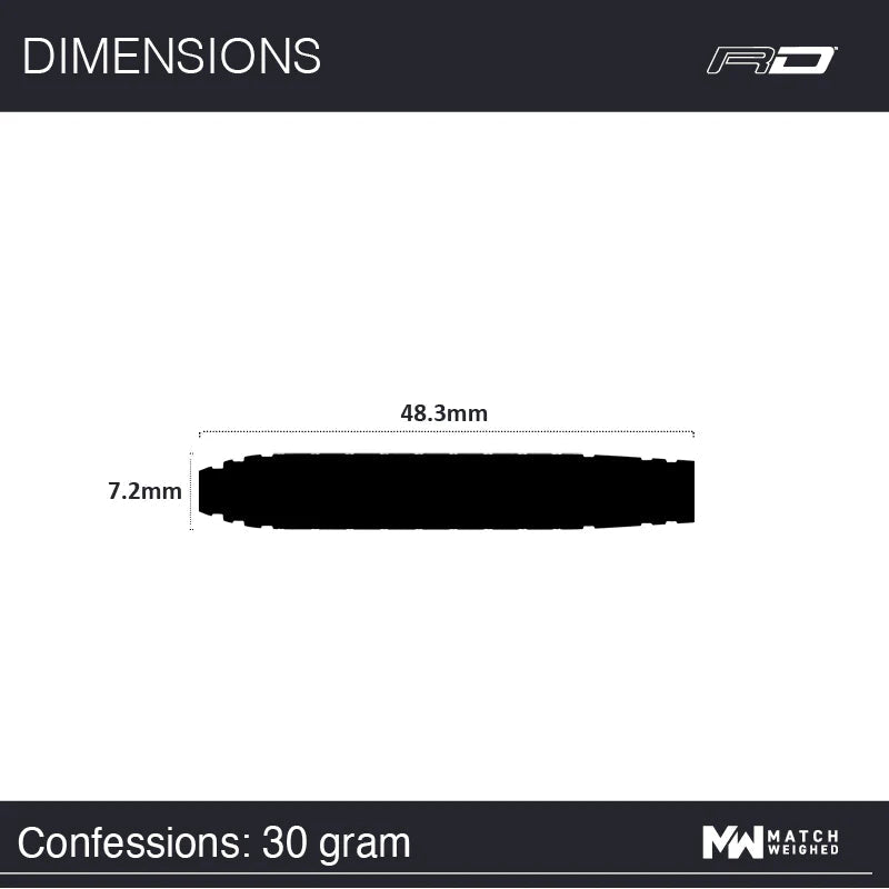 Side view dart barrel silhouette showing 48.3mm length and 7.2mm diameter, 30g tungsten dart dimensions
