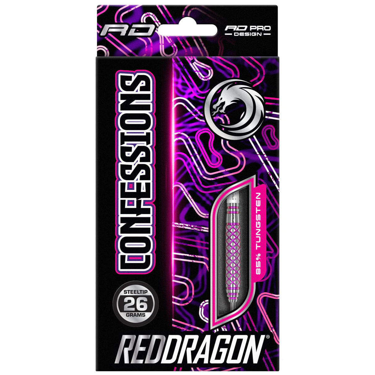 Confessions 85% tungsten darts in retail packaging, steel tip 26 grams, visible barrel grip pattern in display window