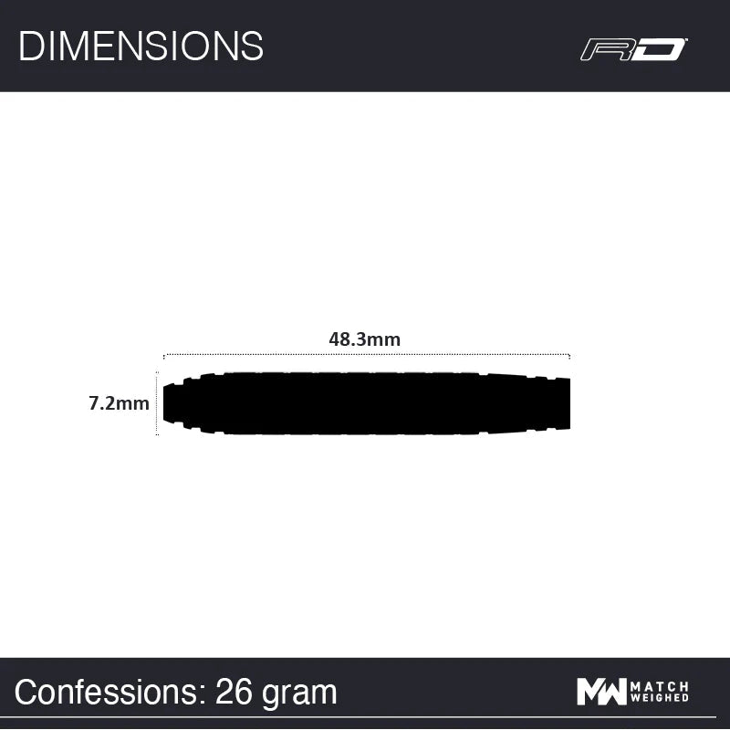 Dart barrel top-down silhouette with 48.3mm length and 7.2mm diameter dimensions, 26g, scale reference for tungsten darts