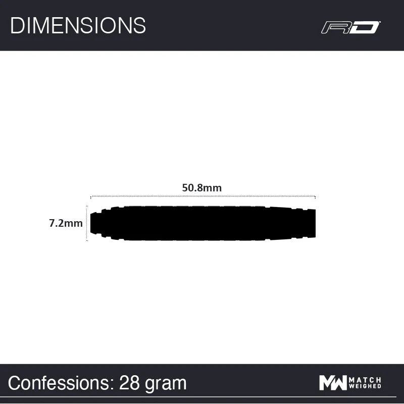 Dart barrel dimension diagram showing 50.8mm length and 7.2mm diameter, ideal for tungsten darts buyers seeking size details