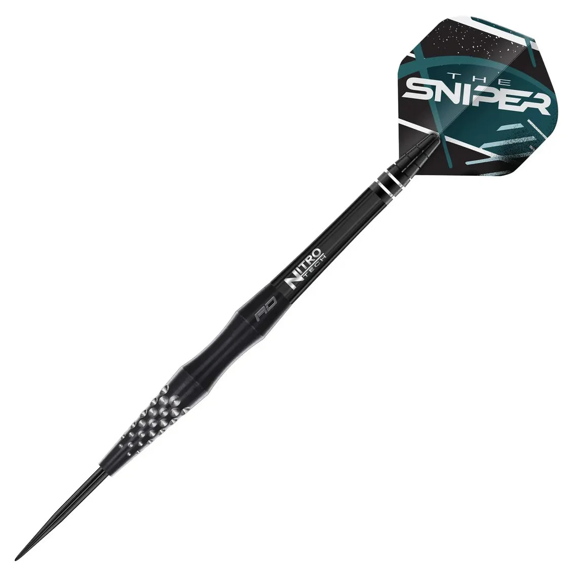 Angled full view of single 90% tungsten dart with black grip barrel, Nitro Tech shaft, and Sniper flight, isolated on white background