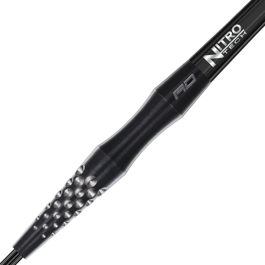 Close-up of 90% tungsten dart barrel with knurled grip texture and black Nitro Tech shaft, isolated on white background