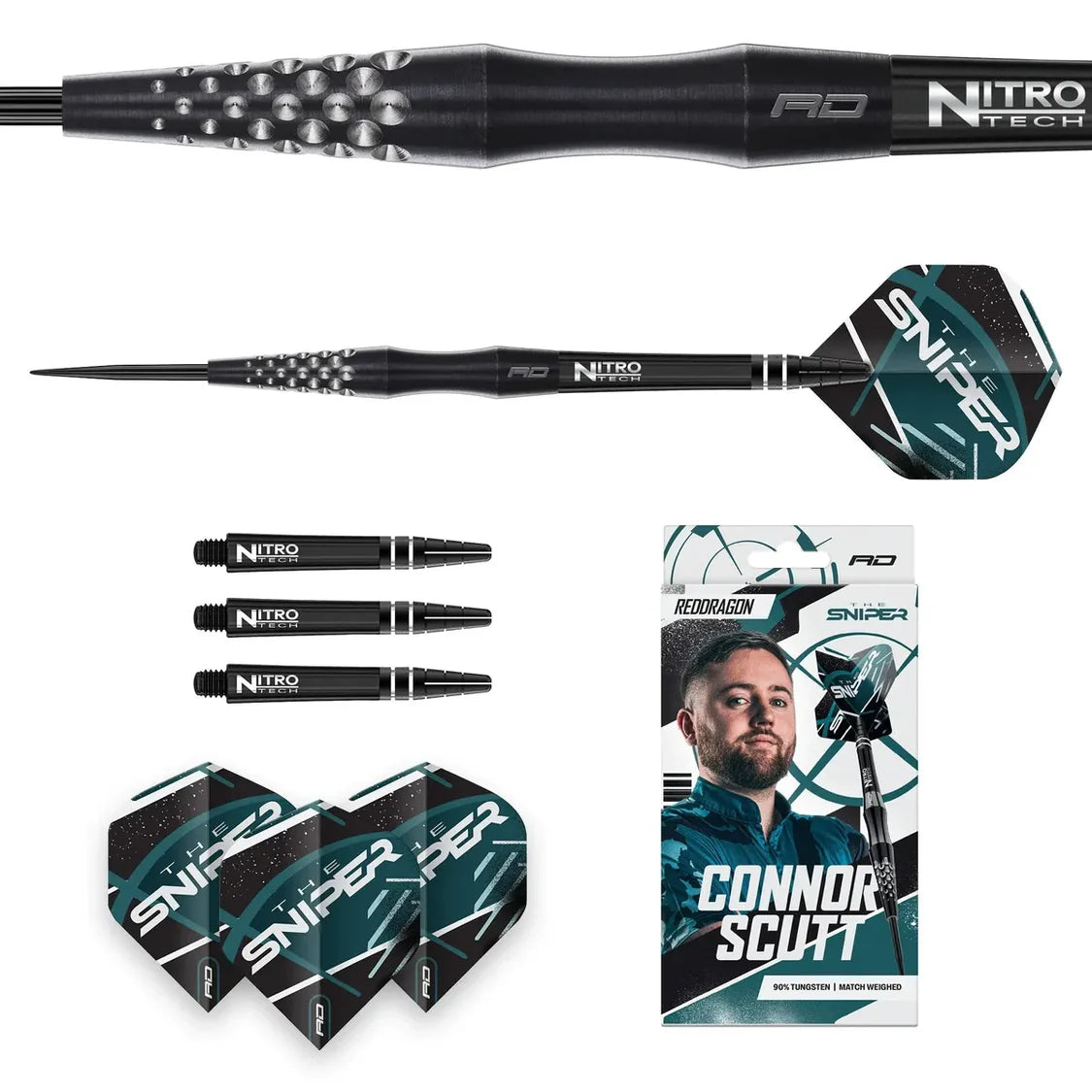 Darts set with close-up of knurled barrel grip, full dart view, extra shafts and flights, plus retail packaging, 90% tungsten