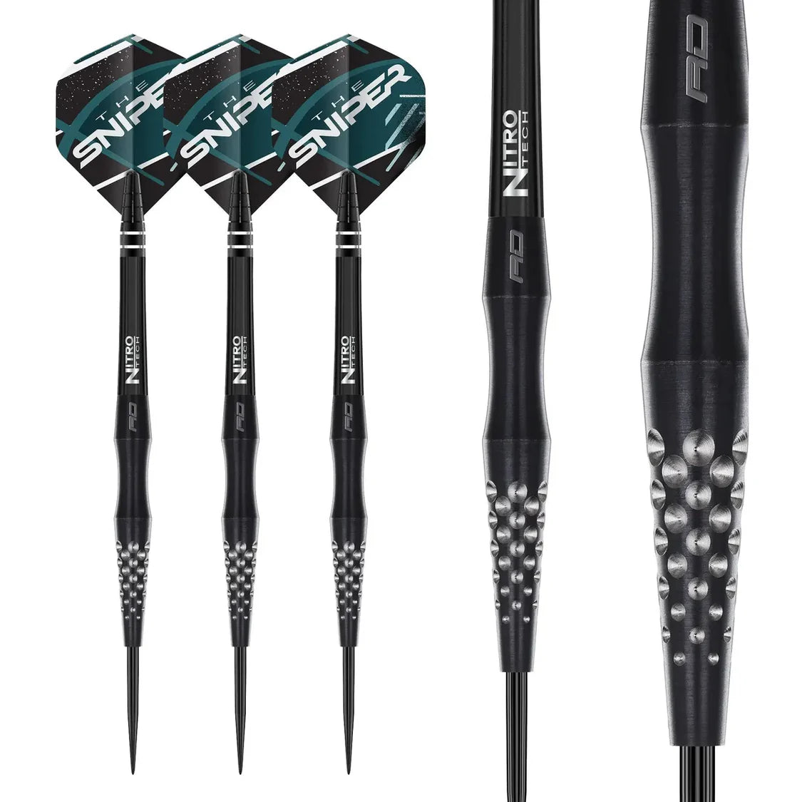 Full view and close-up of steel tip darts with black knurled tungsten barrels, unique grip texture, and Sniper flights on white background