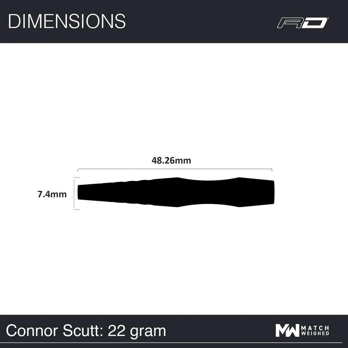 Dart barrel dimensions diagram showing 48.26mm length and 7.4mm diameter, side silhouette, 22 gram match weighed tungsten dart
