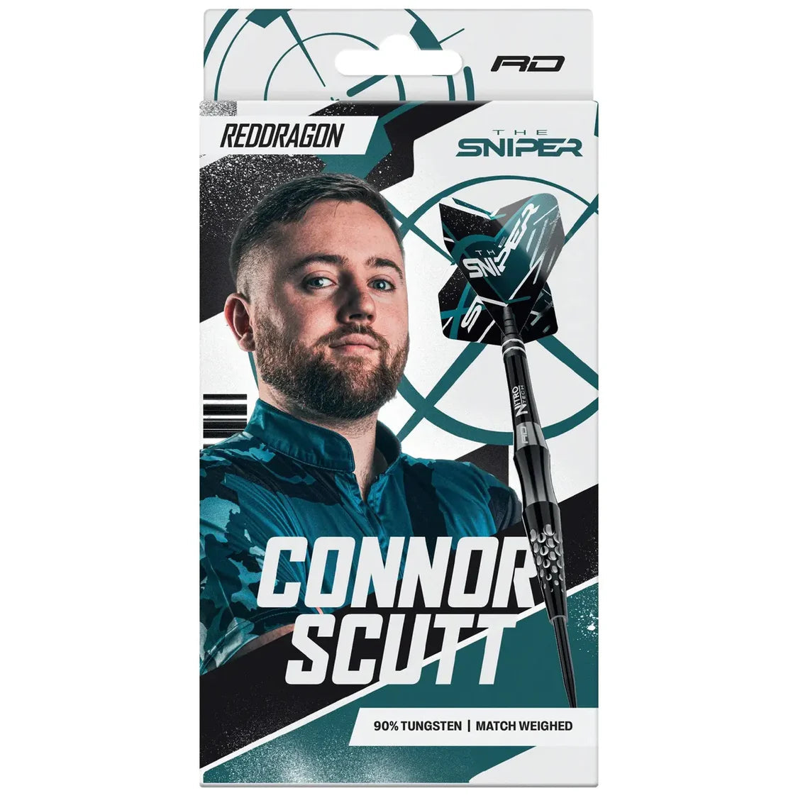 Connor Scutt 90% tungsten darts in retail packaging, single dart displayed with visible barrel grip and branded flight