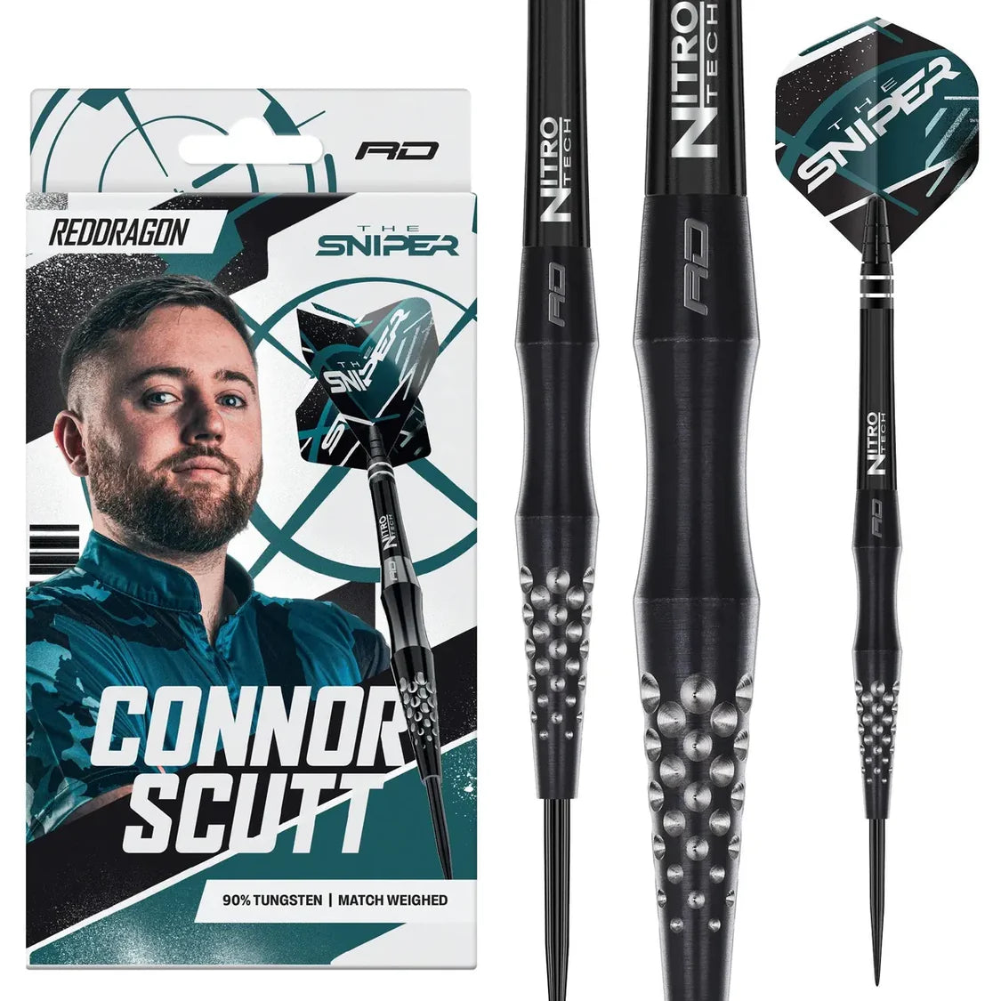 Connor Scutt 90% tungsten darts set with packaging, close-up of black barrel grip, pointed tip, and Nitro Tech Sniper flights