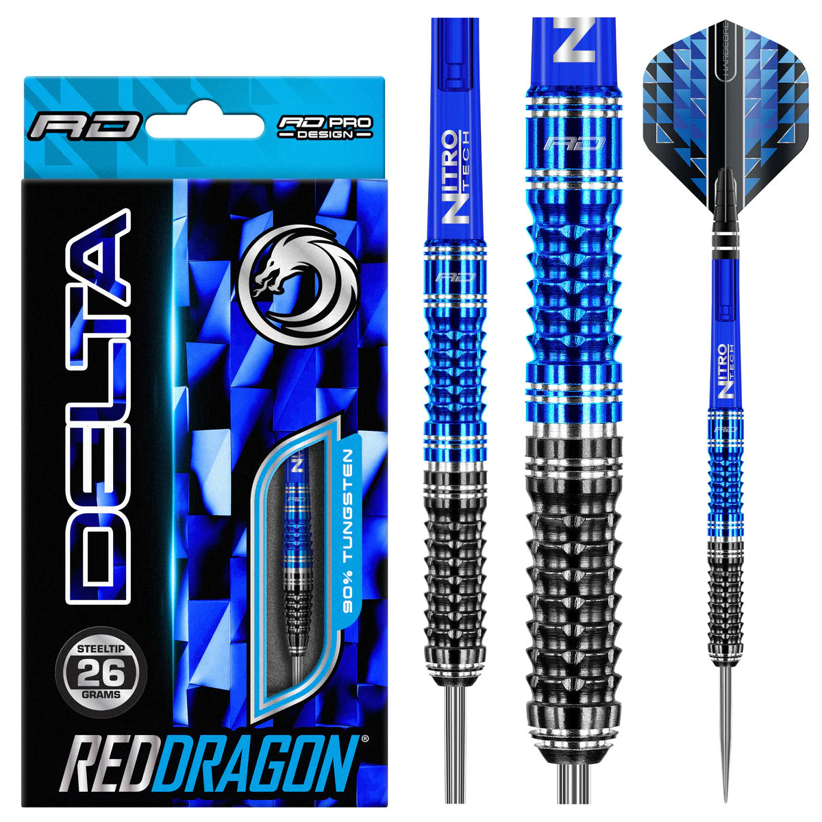 Steel tip tungsten darts with blue geometric flights, detailed grip barrels, and retail packaging, isolated on white background