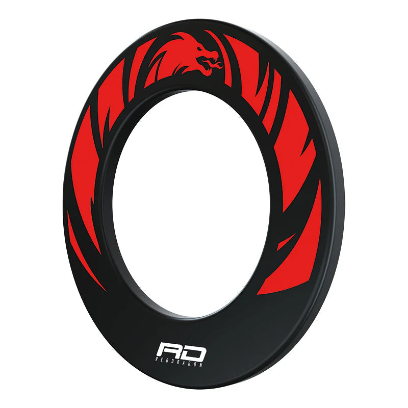 Angled full view dartboard surround in black and red with dragon design, polymer material, isolated on white for darts setup