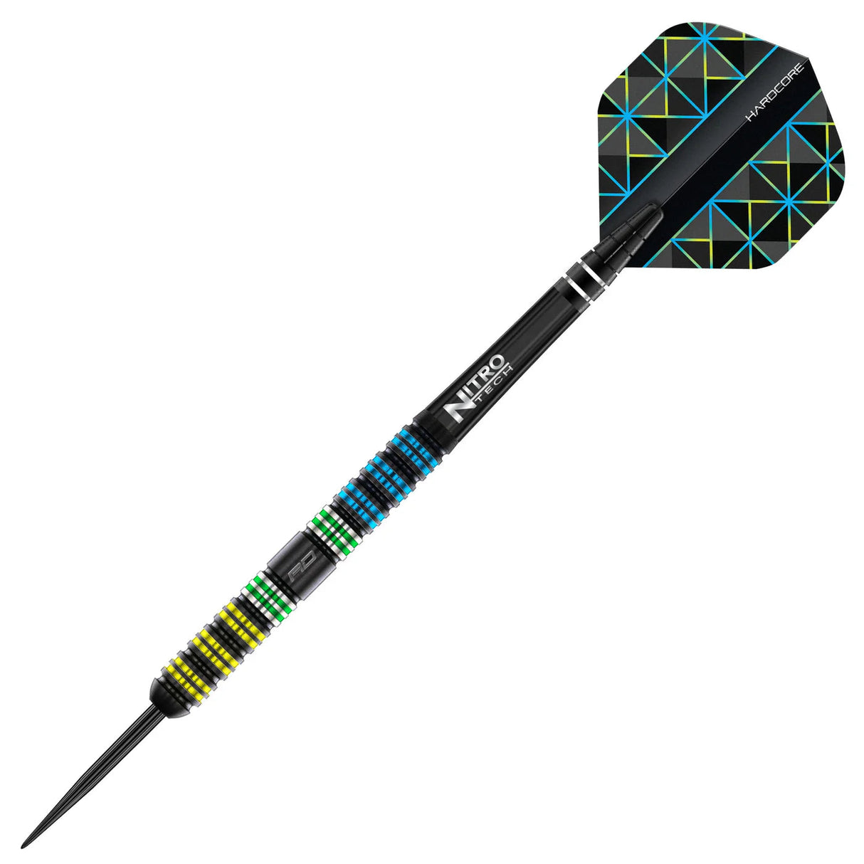 Full view tungsten dart with black barrel, colored grip rings, geometric dart flight, isolated on white background