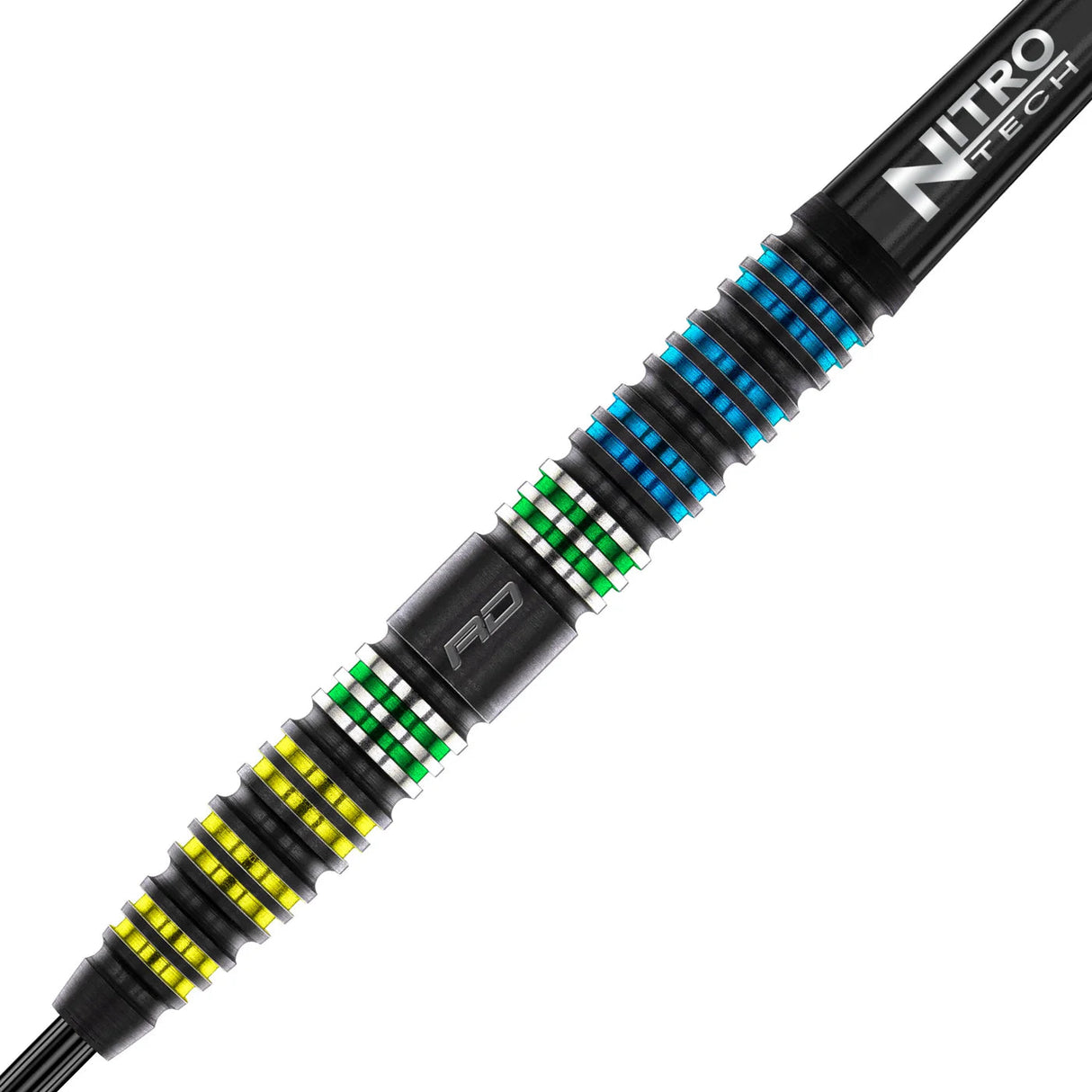 Macro close-up of Dragonfly 95 tungsten dart barrel with colored grip rings, black finish, and detailed knurl pattern, isolated on white