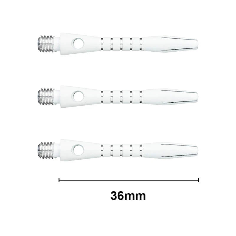 Three white aluminium dart shafts, 36mm length, isolated on white background with measurement scale, showing grooves and threaded tips