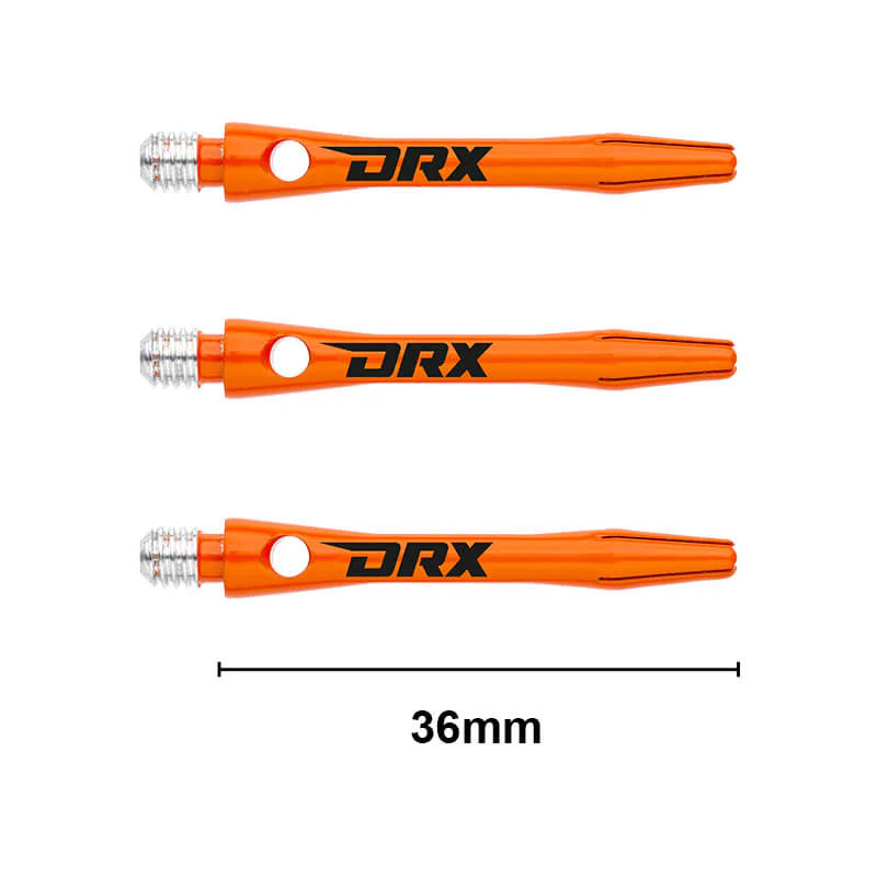 Three orange DRX aluminium dart shafts, side by side on white, 36mm length shown, logo and stem hole details visible
