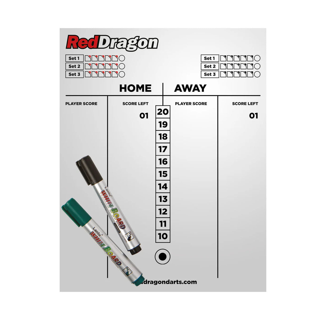 Dry wipe dart scoreboard with cricket scoring sections and two colored markers, isolated on white background