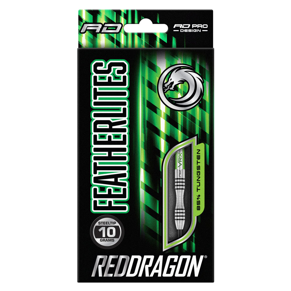 Featherlite 85% tungsten steel tip darts 10g in retail packaging, window displays grip design and slim barrel