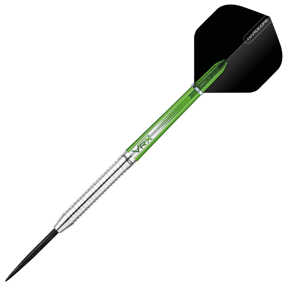 Slim tungsten dart with green shaft, silver ringed grip barrel, black flight, angled isolated on white background