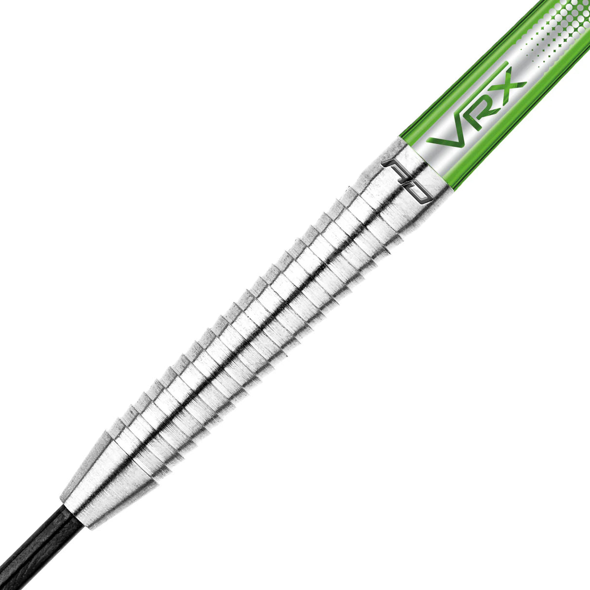 Macro close-up of 85% tungsten dart barrel showing precision grip rings and tapered profile, isolated on white for detail