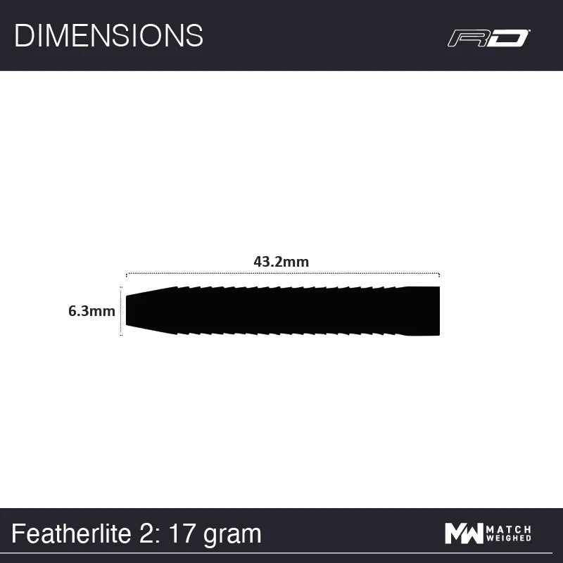 Dart barrel side profile with 43.2mm length and 6.3mm diameter dimensions, isolated on white, for tungsten dart buyers