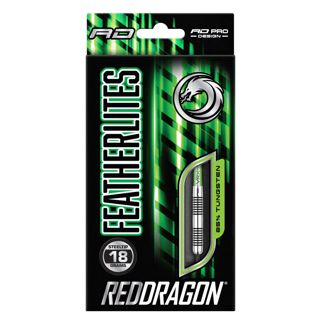 Tungsten steel tip darts set in retail packaging with 18 grams weight and 85% tungsten highlighted on box front