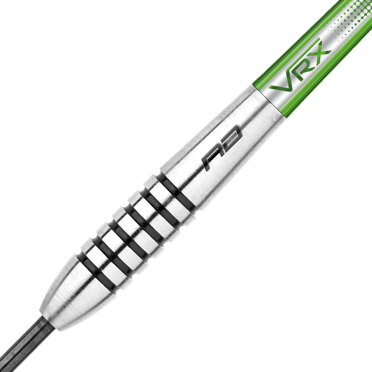 Close-up of tungsten dart barrel with precision grip rings, engraved RD logo, and green VRX shaft, isolated for detailed dart feature view