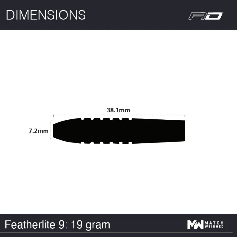 Side profile of Featherlite 9 19g dart barrel with length 38.1mm and diameter 7.2mm shown for scale