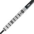 Close-up of tungsten dart barrel with ringed grip and black knurling, highlighting precision machining for dart players