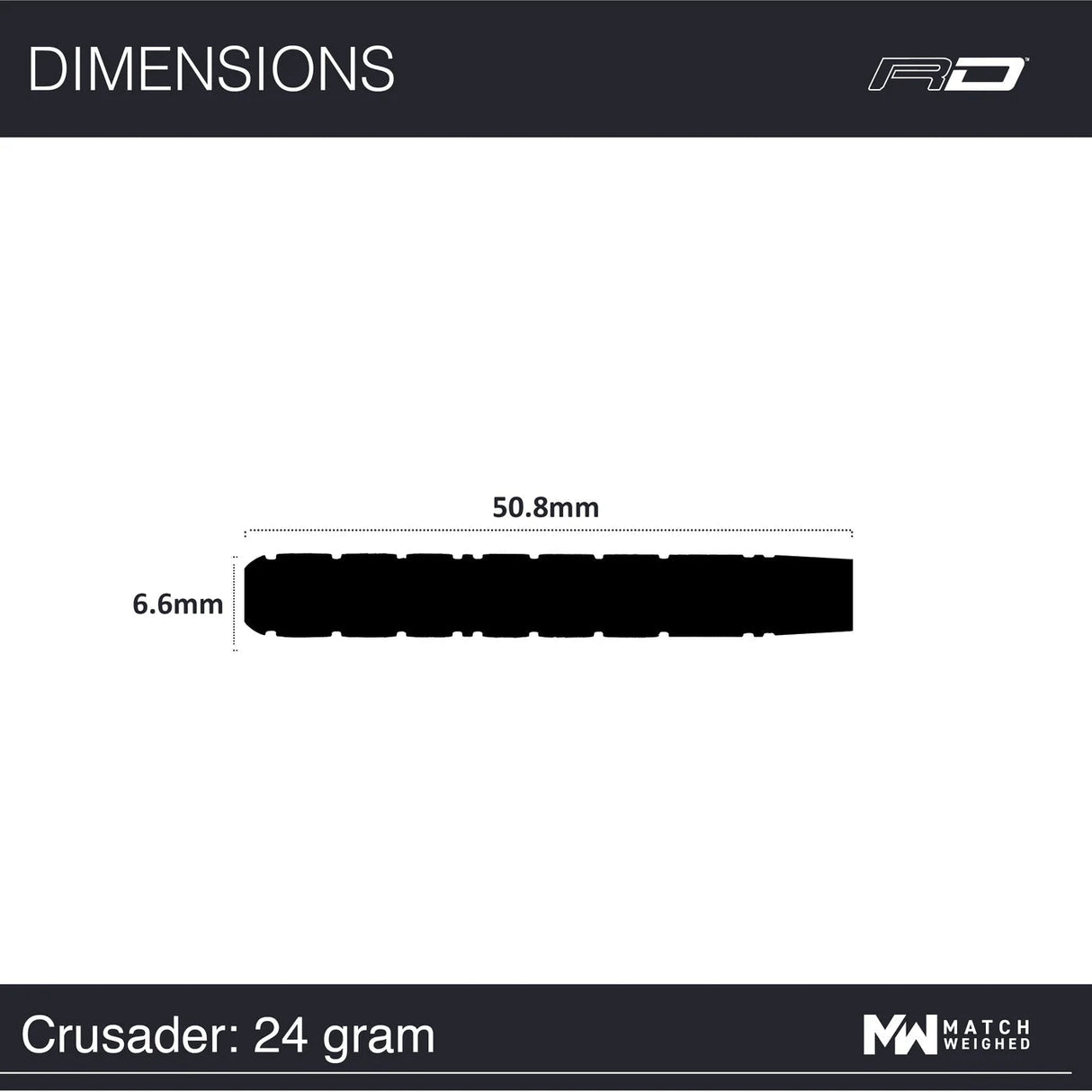 Dart barrel dimension diagram, top-down view showing 50.8mm length and 6.6mm diameter for 24g tungsten darts