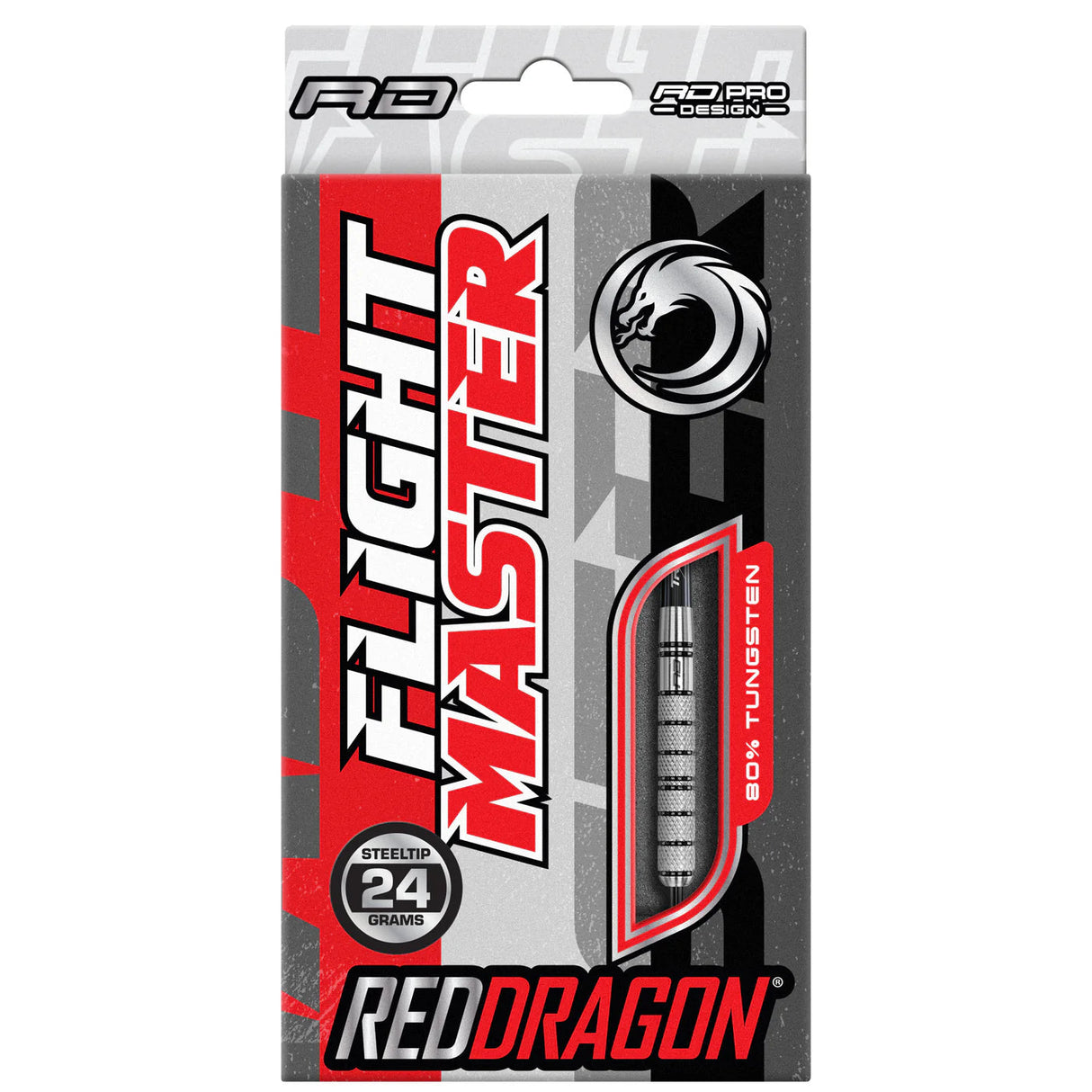Steel tip 24g tungsten darts in retail packaging with clear window showing knurled barrel grip design