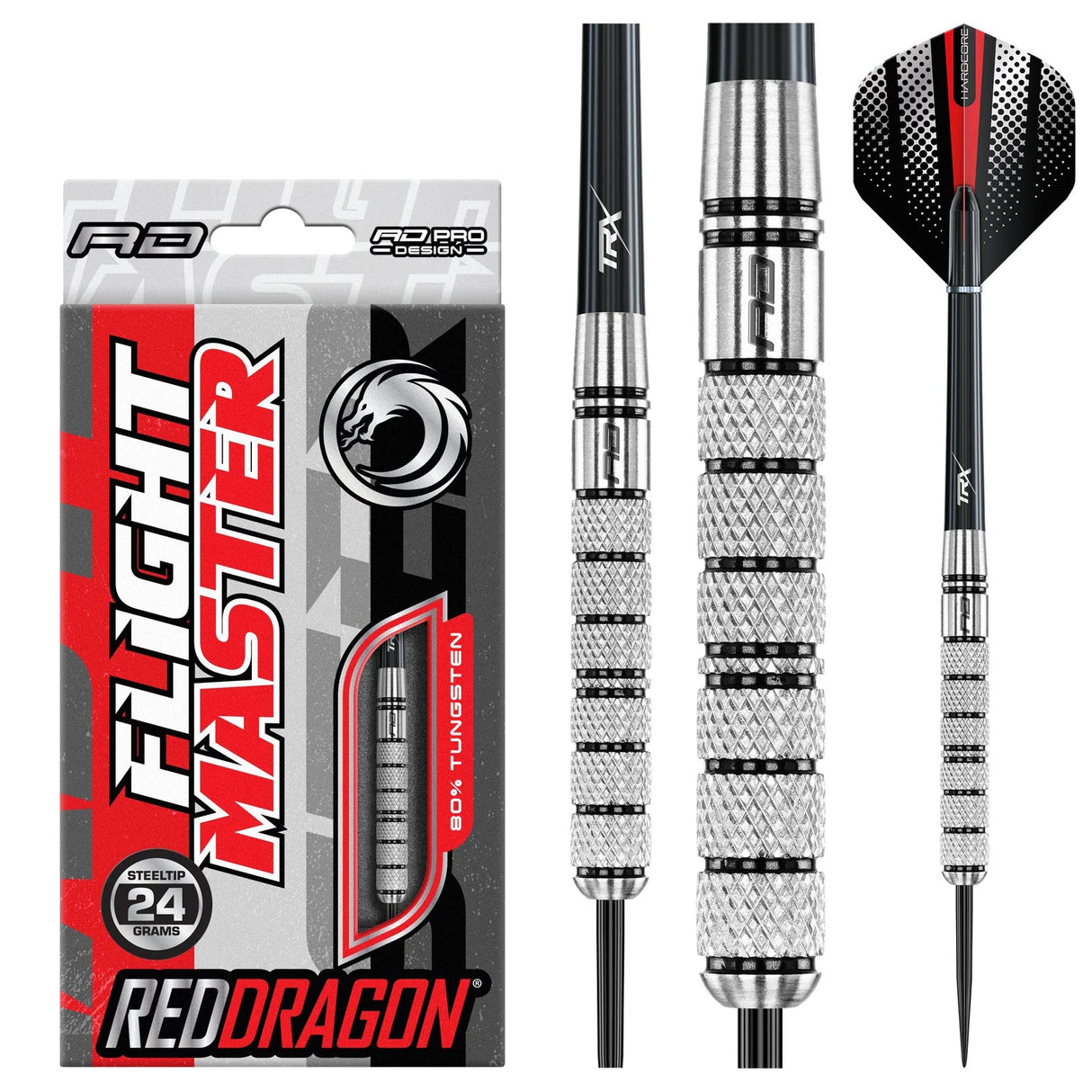 Steel tip tungsten darts with knurled grip, close-up on barrel texture, flight design and retail packaging, isolated on white background