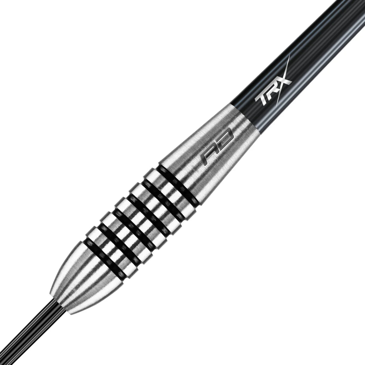 Close-up macro view of tungsten dart barrel with precision grip rings and engraved details, ideal for steel tip dart buyers
