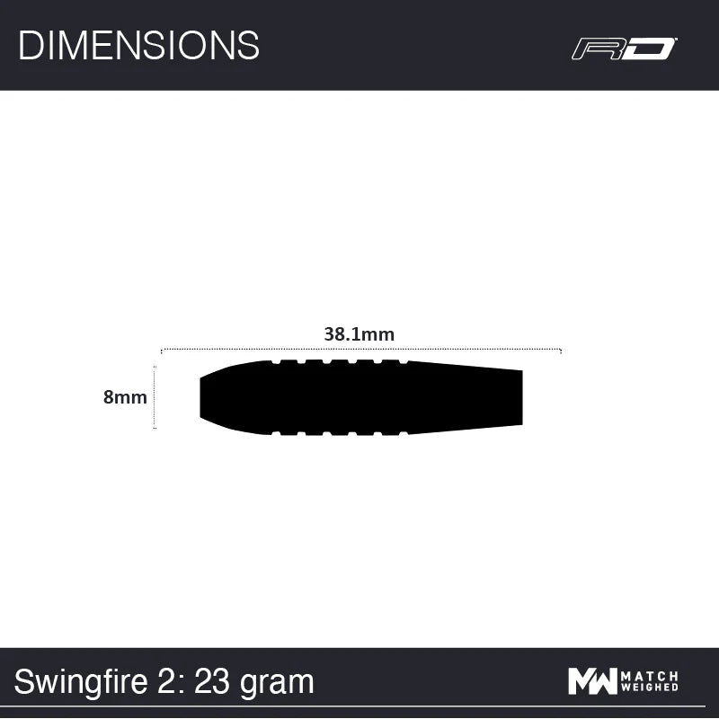 Dart barrel silhouette side view with 38.1mm length and 8mm diameter labeled, Swingfire 2 23g tungsten barrel dimensions