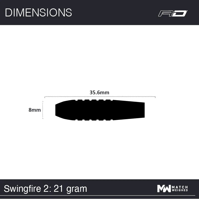 Dart barrel dimensions diagram, 35.6mm length, 8mm diameter, side silhouette for tungsten dart buyers