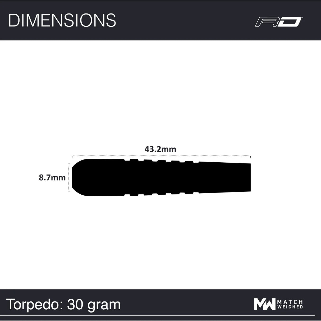 Torpedo dart barrel side view with 43.2mm length and 8.7mm diameter dimensions, perfect for buyers seeking tungsten dart specs